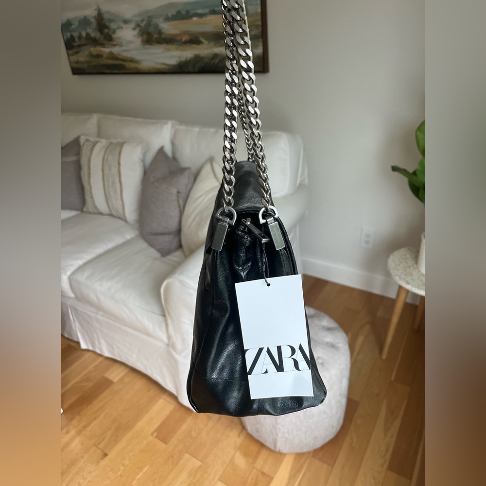 Zara Black Faux Leather Shoulder Bag NWT - Picture 2 of 10